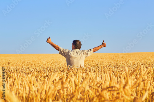 happy farmer, businessman, standing in wheat field with his hands and thumbs up