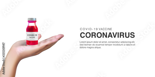 Realistic 3D vector illustration of hand holding vaccine for corona viruses cells template background. Novel Coronavirus (2019-nCoV)