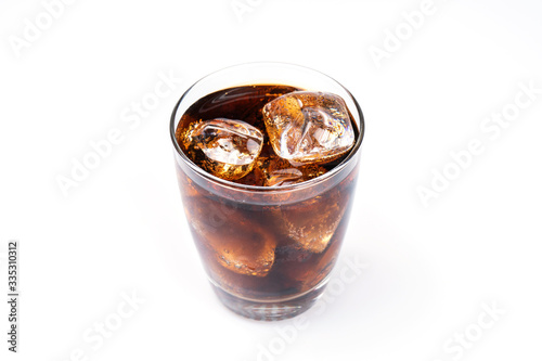 Cold drinking, soda with ice, glass of cola for hot and summer drink isolated on white background