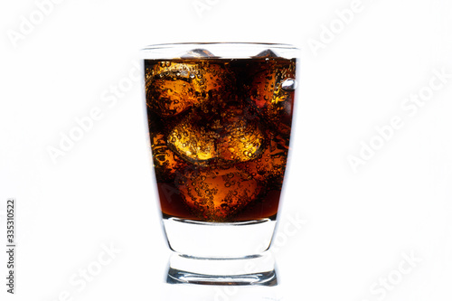 Cold drinking, soda with ice, glass of cola for hot and summer drink isolated on white background
