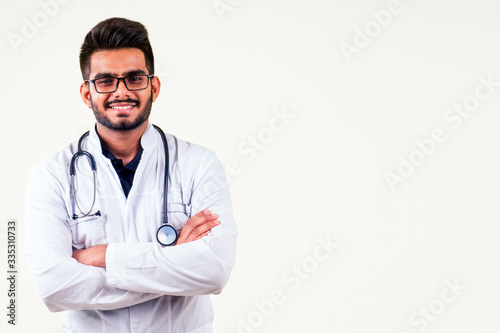 indian medical worker man in uniform isolate on white background studio