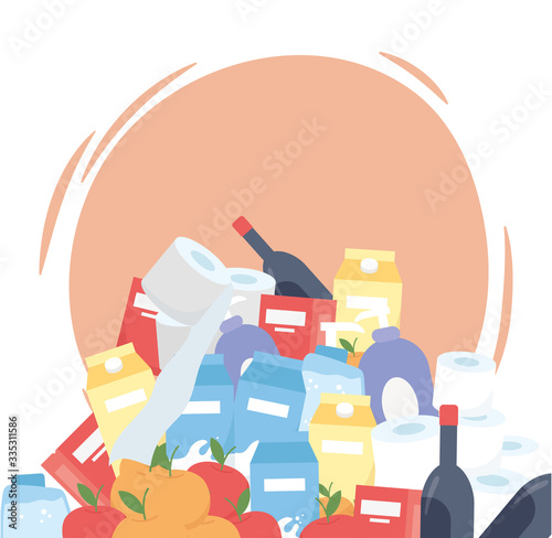 supermarket products stack, wine bottles food cleaning items excess purchase
