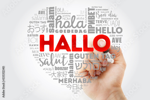 Hallo (Hello Greeting in German) word cloud, concept background