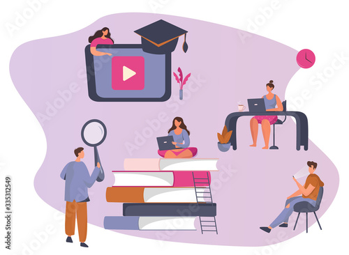 E-Learning Concept.Freelancers Working With Laptop,Computer.Online Courses or Learning Languages and Watching Webinar.Online Education Concept.Huge Monitor with Graduation Cap.Flat Vector illustration