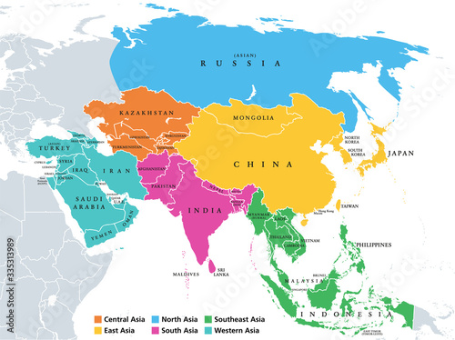 Main regions of Asia. Political map with single countries. Colored subregions of the Asian continent. Central, East, North, South, Southeast and Western Asia. English labeled. Illustration. Vector. photo