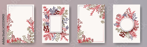 Tropical herb twigs, tree branches, flowers floral invitation cards set. Herb...