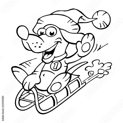 Dog with Santa's cap rides on a sledge and waving for greeting, Christmas and winter sports, black and white cartoon