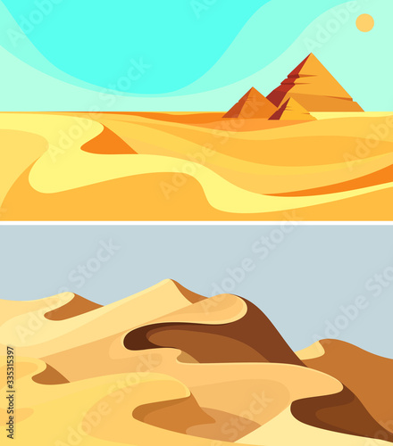 Set of desert landscapes. Sand dunes in cartoon style.