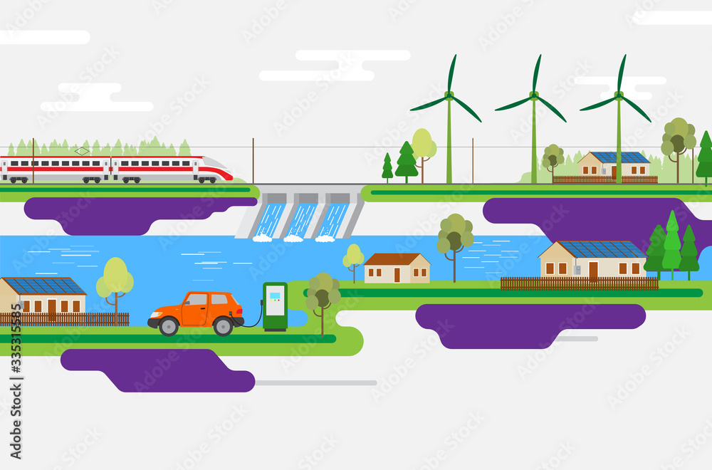 Naklejka premium Wind energy vector illustration. Green alternative power in outline concept. Air turbines producing electricity and supplies town with lighting while being sustainable and ecological clean resource.