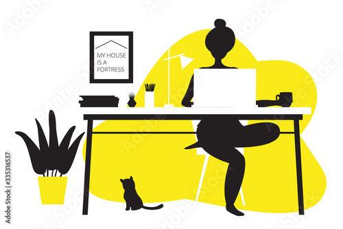 Remote work concept. Girl works at the computer at home. Modern flat design concept of telecommuting. Vector illustration isolated on white background.