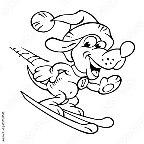 Dog with Santa's cap skiing and waving for greeting, Christmas and winter sports, black and white cartoon