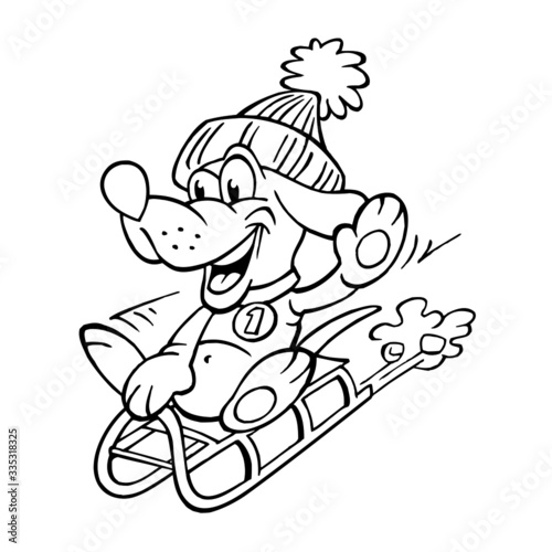 Dog with winter hat with pompom rides on a sled and waving for greeting, animals and winter sports, black and white cartoon