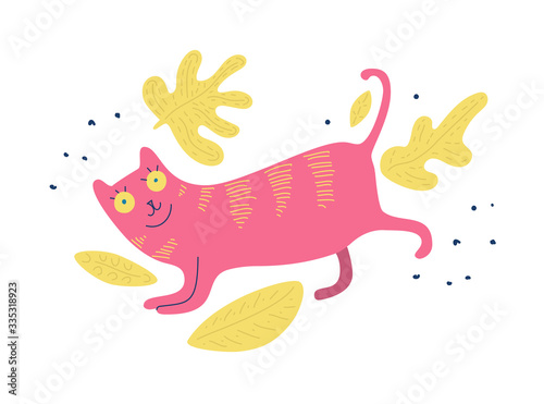 Cat vector illustration. Cartoon style. Bright unexpected colors. Flat design. Isolated on a white background