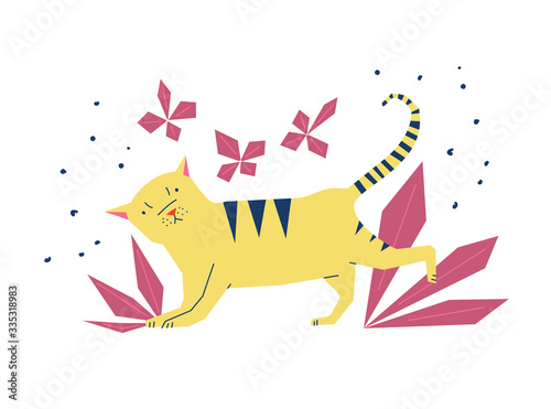 Cat vector illustration. Cartoon style. Bright unexpected colors. Flat design. Isolated on a white background