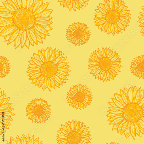 Seamless pattern with warm sunflowers in different dimensions 