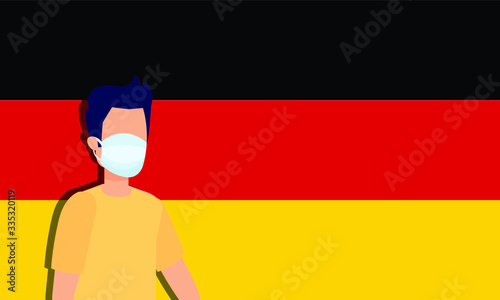 Coronavirus quarantine design for Germany. Boy wearing health mask for virus and illnesses in front of German flag.