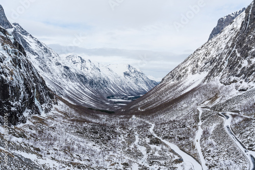 Famous Trollstigen road and the valley in wintertime. photo
