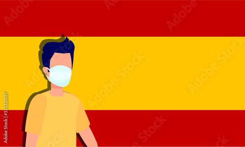 Coronavirus quarantine design for Spain. Boy wearing health mask for virus and illnesses in front of Spanish flag.