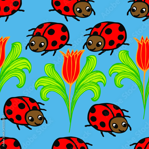 Vector illustration. Abstract multicolored bright seamless pattern in the form of flowers of tulips and ladybugs insects. Design for wallpaper, covers, cards, prints. © Liudmyla