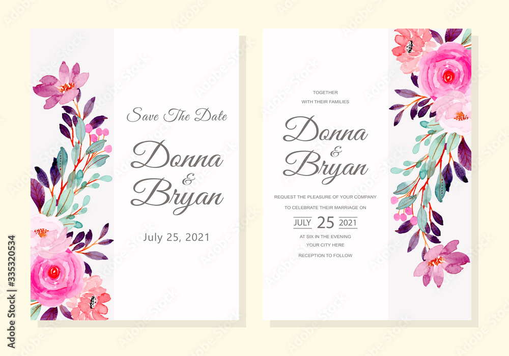 wedding invitation card with pink purple flower watercolor