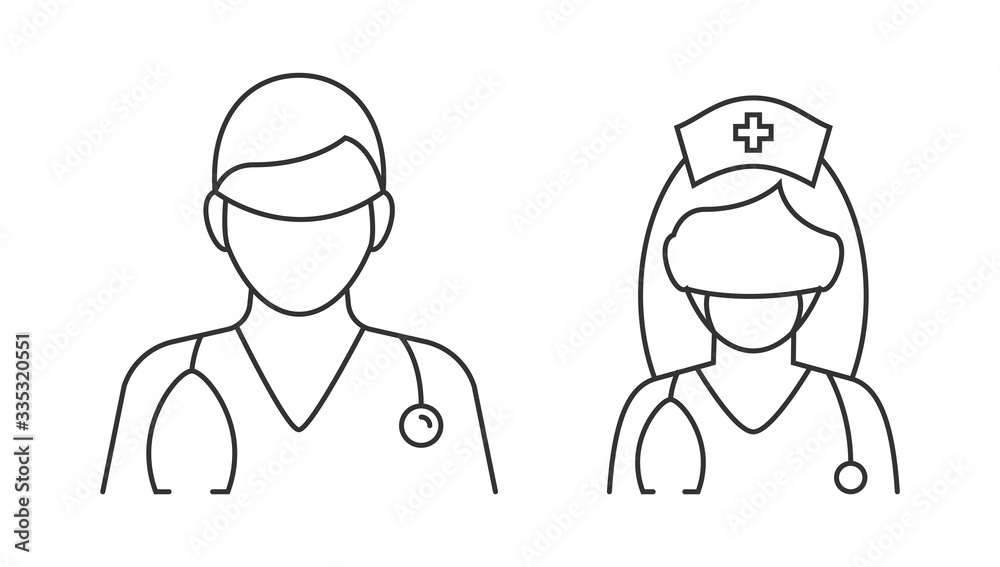 Doctor and nurse in mask linear illustration. Editable stroke Doctor and nurse in mask linear illustration. Editable stroke