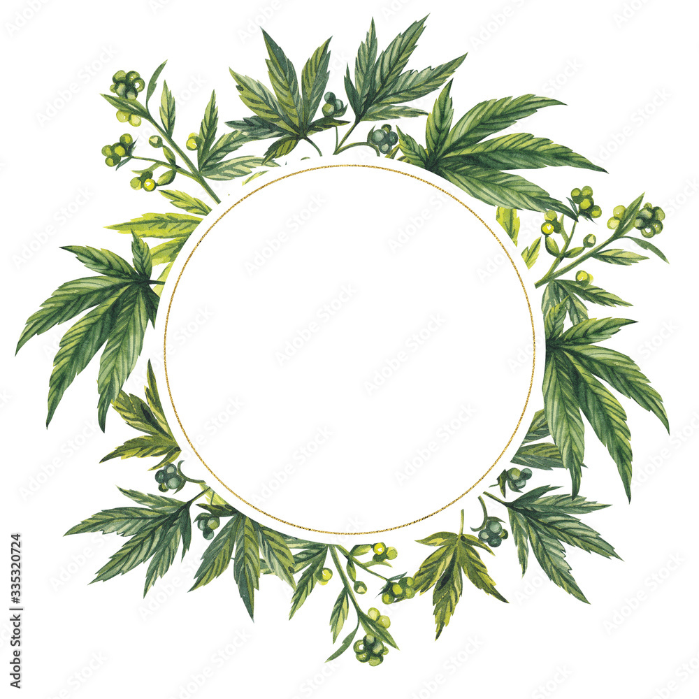 Watercolor illustration. Round frame on a background of hemp with seeds. In the center is a space for text.