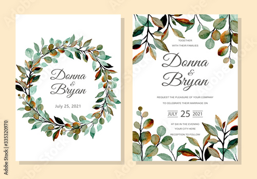wedding invitation template with green leaves watercolor