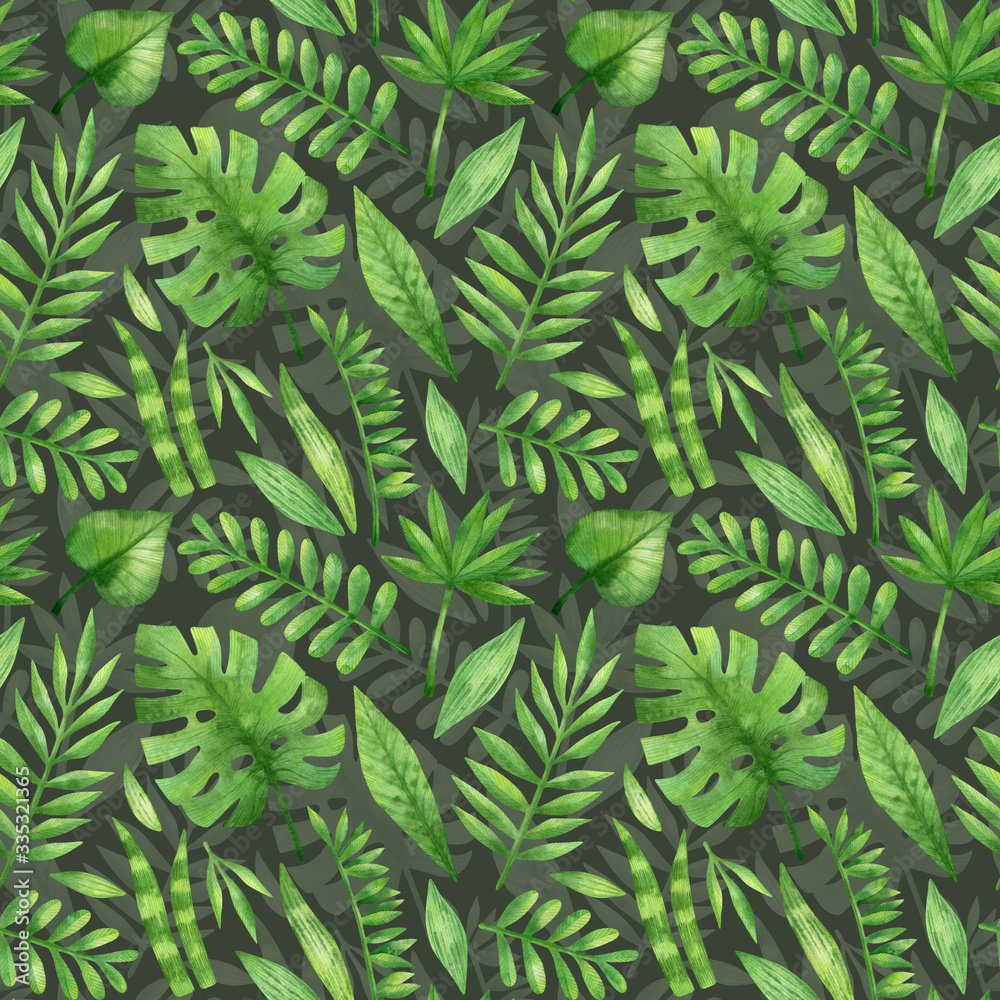 Watercolor seamless pattern with tropical plants. Jungle leaves, monstera, palm. Green nature background perfect for home design, wallpaper, wrapping, textile