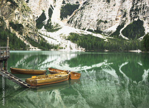 Turquoise lake in south tyrol, Braies in the Dolomites.