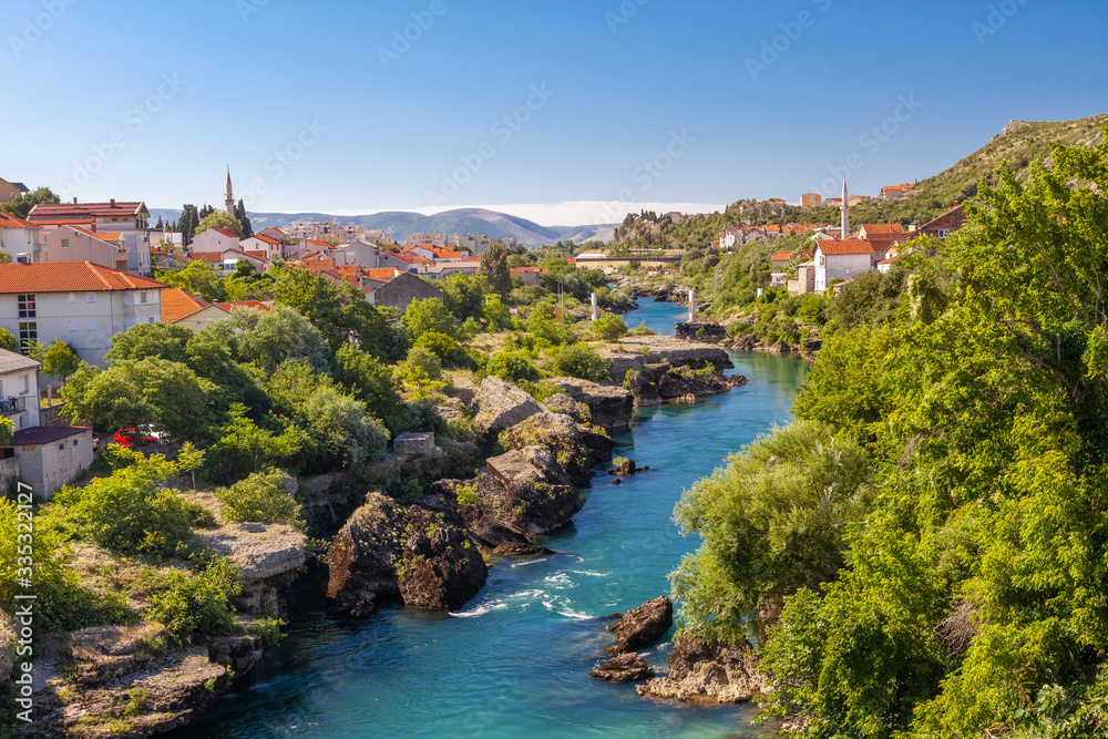 view of the Neretva river in Mostar, Bosnia and Herzegovina