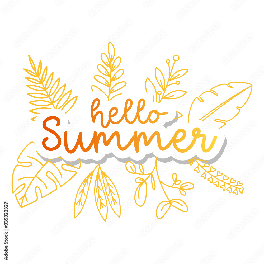 Hello summer greeting sticker with hand-drawn floral elements. isolated on white background