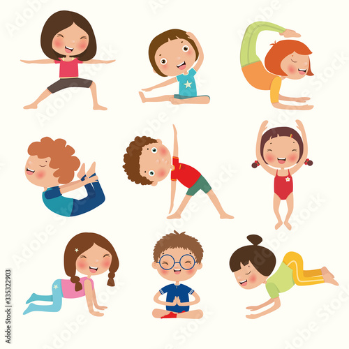 Variety of yoga kids, yoga poses for children in flat style, Gymnastics and healthy, vector, illustration