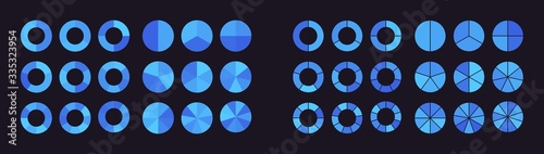 Collection of pie charts divided into parts or sectors