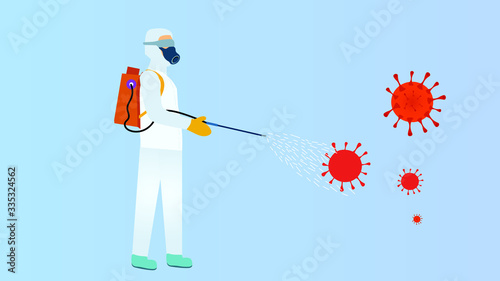 Man with a medicine backpack, spraying viruses. designed for virus illnesses like coronavirus, sars, mers. 