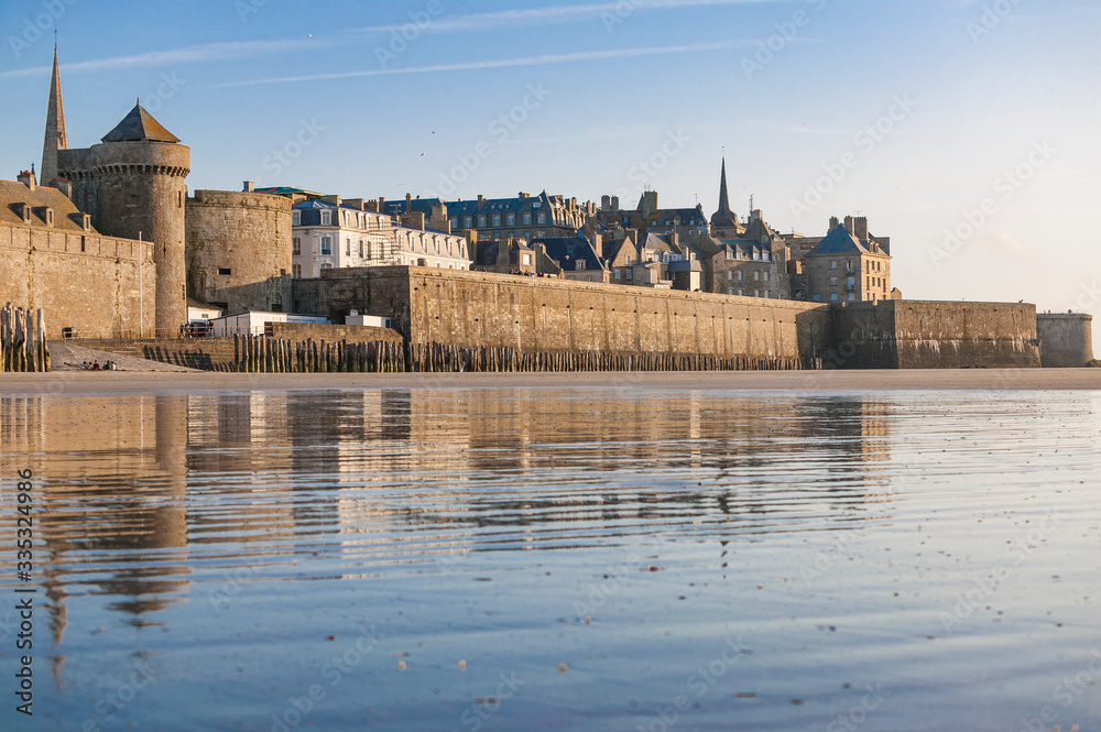 skyline of Saint Malo from sea at low tide, Brittany, France