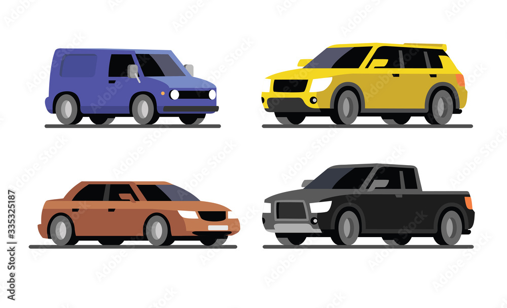 four different cars van, pickup, sedan, SUV