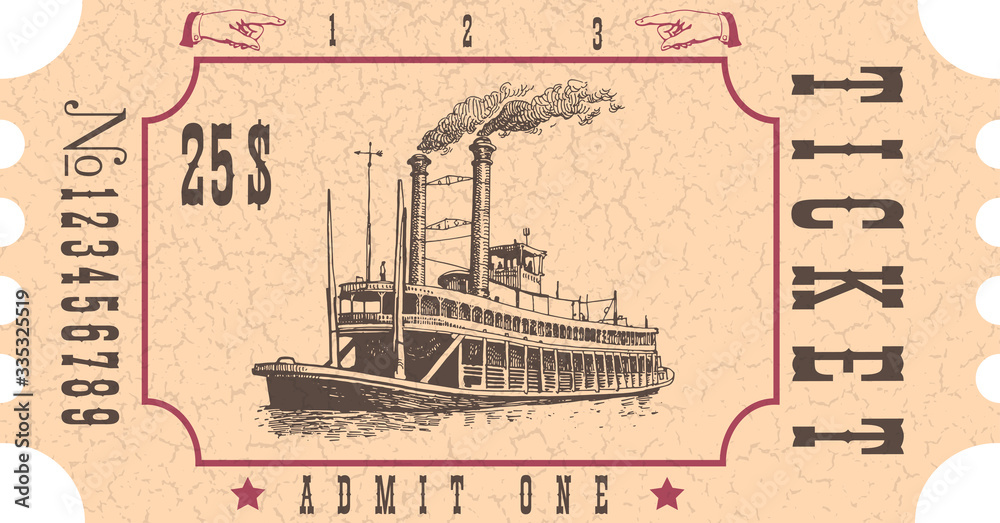 vector image of an old vintage misissippi steamboat ticket - obrazy, fototapety, plakaty 