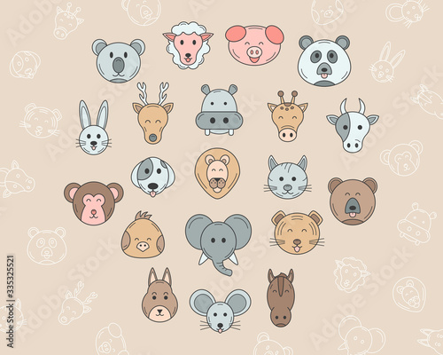 Animal Icons set - Vector color symbols and outline of pets and wild beast for the site or interface
