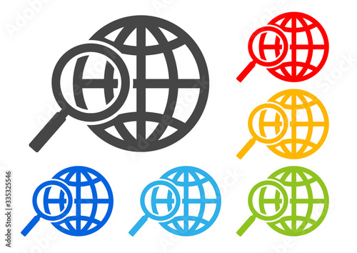 computer network and magnifying glass icon color variations.