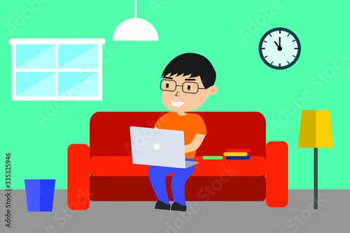 Man work from home during an outbreak of the COVID-19 virus. Man work at home to prevent virus infection. Concept of working from home. Freelance. Flat vector illustration. 