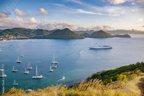 sailing yachts and motor vesseös anchoring in Rodney Bay on caribbean tropic island of St.Lucia, windward Islands, West Indies