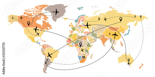 Airplane flight route on world map. Linear flight of the aircraft with the starting points and traces of the dash line. Flat style. Isolated on a white background. Vector