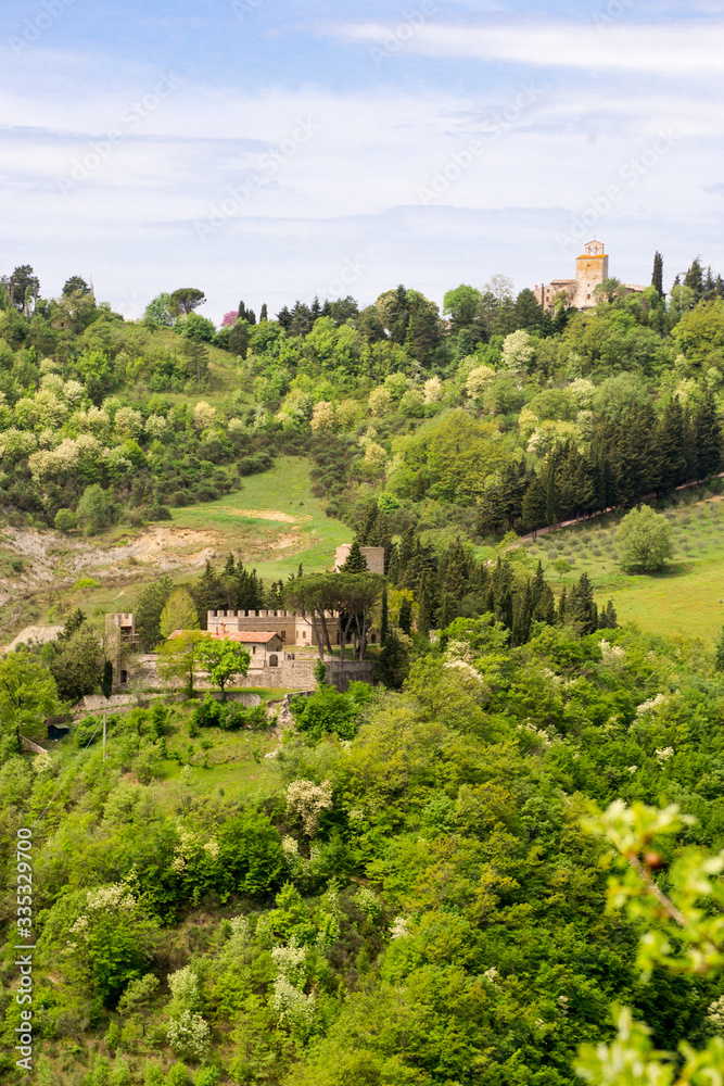 Nice landscape view of therural lands Umbria in central Italy with an old fortress perched on the peak of a green hill, a medieval castle become a tourist attraction surrounded by trees and nature