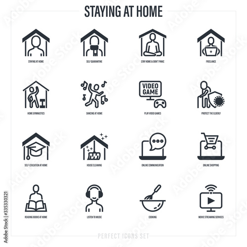 Stay at home. Self quarantine activities thin line icons set: don't panic, meditation, work at home, protect elderly, exercising, play video game, streaming, online shopping. Vector illustration.
