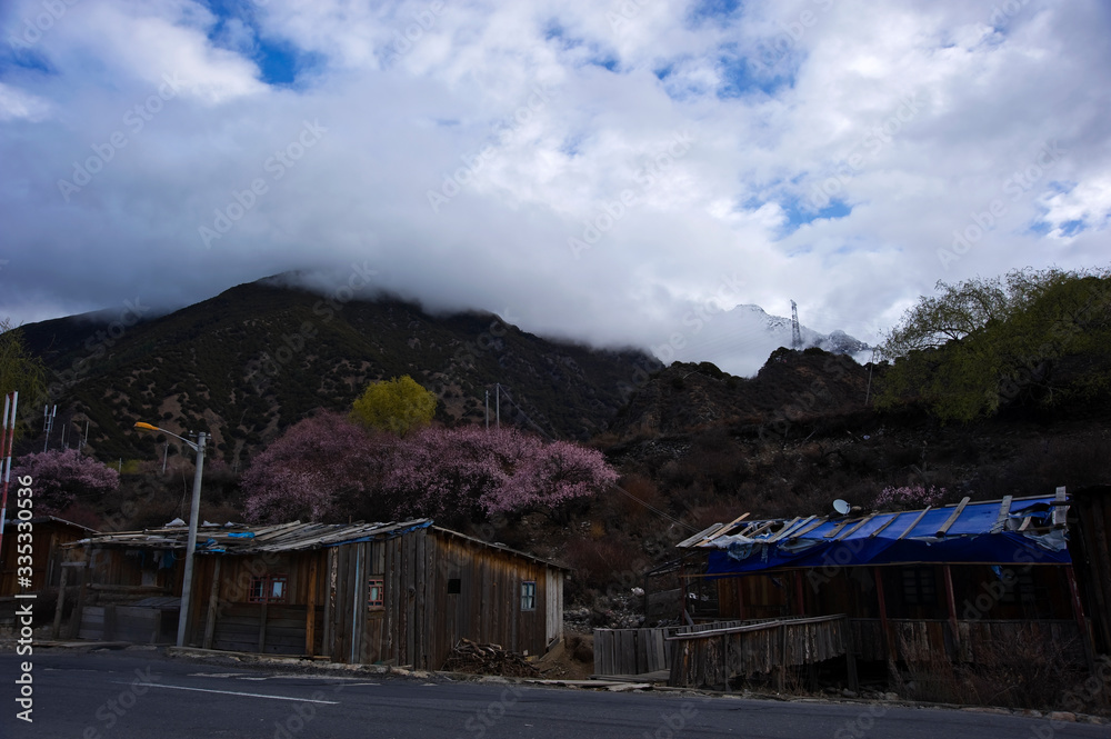 old wooden house in the mountains, Tibet China 