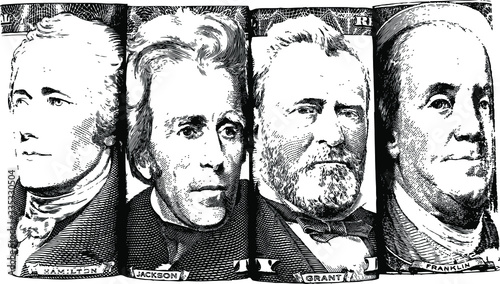 US Paper Money Presidents and Franklin black and white portraits in a row from federal reserve notes
