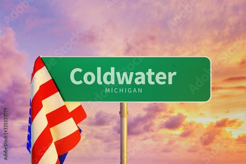 Coldwater – Michigan. Road or Town Sign. Flag of the united states. Blue Sky. Red arrow shows the direction in the city. 3d rendering photo