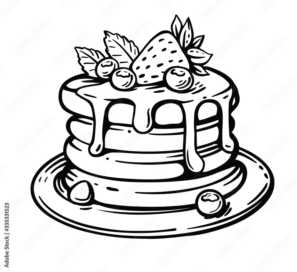 pancakes lie on a plate with berries and syrup pancakes lie on a plate with berries and syrup