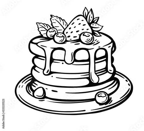 pancakes lie on a plate with berries and syrup