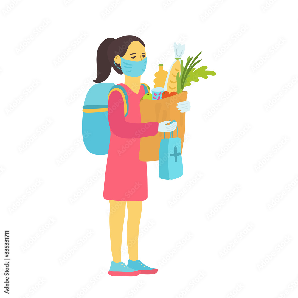 Volunteer young woman with a delivery backpack, a medicine bag and a package full of food. She wears a protective mask and gloves. Vector illustration isolated on white background. Volunteer young woman with a delivery backpack, a medicine bag and a package full of food. She wears a protective mask and gloves. Vector illustration isolated on white background.